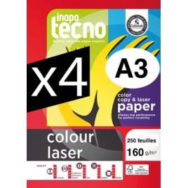 Carton de 4 ramettes de papier Inapa Tecno Colour Laser A3 250 feuilles (160g/m2)