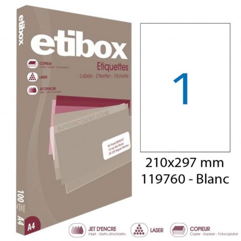 100 feuilles de 1 étiquettes A4 210x297 mm - Etibox 119760