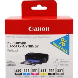 ORIGINAL Canon Multipack 6496B005 PGI-550 + CLI-551BK+C+M+Y+GY Noir + Cyan + Magenta + Jaune + Gris