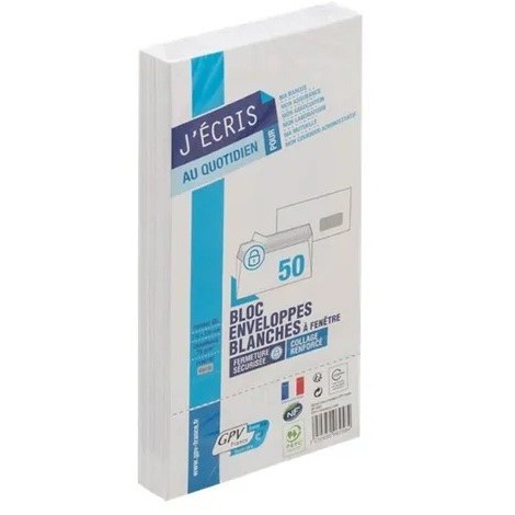 Bloc de 50 Enveloppes Blanches auto-adhésives GPV 90 grammes format DL -110x220mm - fenêtre 45x100 - réf 6259