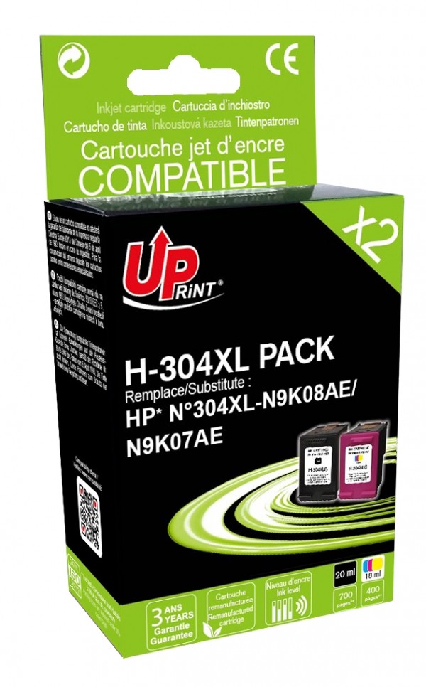Pack 2 Cartouches 304XL Uprint Recyclé HP Noir + Cyan + Magenta + Jaune  Uprint moins cher et Garantie 3 ans
