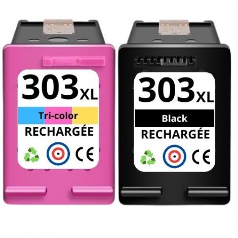 Recharge PACK HP 303 XL Noire + 303 XL Couleur 3YN10AE, Cartouche compatible HP - 20ml + 18ml