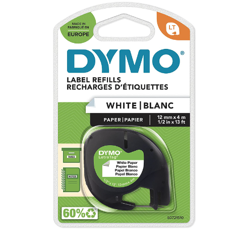 Dymo LetraTag S0721510 Ruban d'étiquettes original pour étiqueteuse - Texte noir sur fond blanc - Largeur 12 mm x 4 mètres