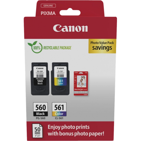 Canon PG-560/CL-561 Pack de 2 Cartouches d'Encre Originales + Papier Photo Brillant GP-501 - 3713C008