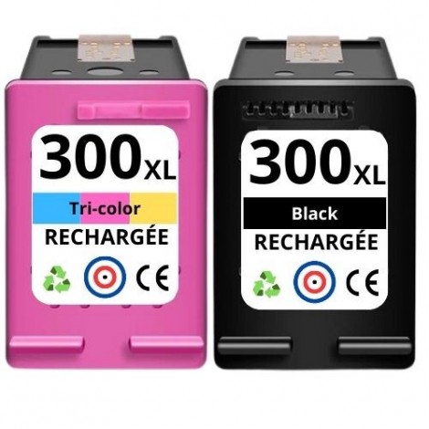 Recharge PACK HP 300 XL Noire + 300 XL Couleur, Cartouche compatible HP - 1 x 20ml + 1 x 18 ml - 600 + 440 pages