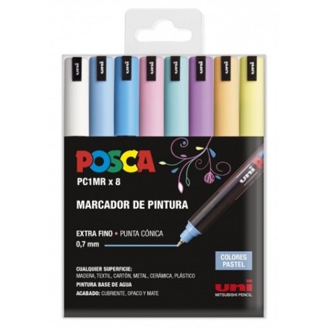 POSCA Lot de 8 marqueurs peinture PC1MR - Pointe roller fibre 0,7 mm - Encre pigmentée à base d'eau - Couleurs pastel assorties