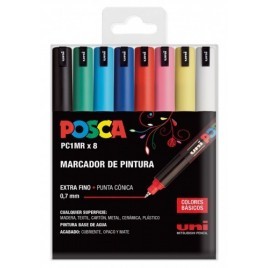 POSCA Lot de 8 marqueurs peinture PC1MR - Pointe roller fibre 0,7 mm - Encre pigmentée à base d'eau - Couleurs assorties