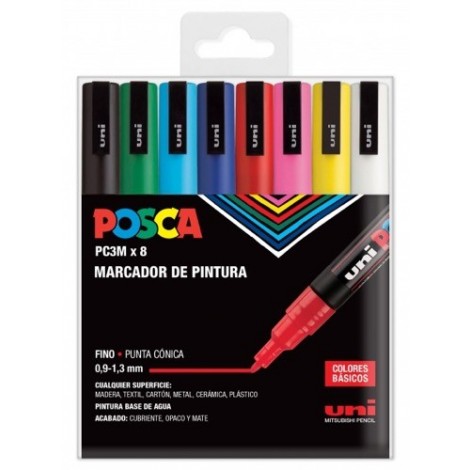 POSCA Lot de 8 marqueurs peinture PC3M - Pointe conique 0,9-1,3 mm - Encre à base d'eau - Couleurs assorties