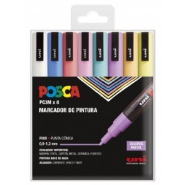 POSCA Lot de 8 marqueurs peinture PC3M - Pointe conique 0,9-1,3 mm - Encre à base d'eau - Couleurs pastel assorties