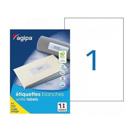 100 feuilles de 1 étiquettes A4 210x297 mm - Agipa 119004