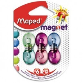 Blister 6 aimants ronds MAPED, dia 13mm. Force magnétique 800g soit 10f. Coloris assortis translucide